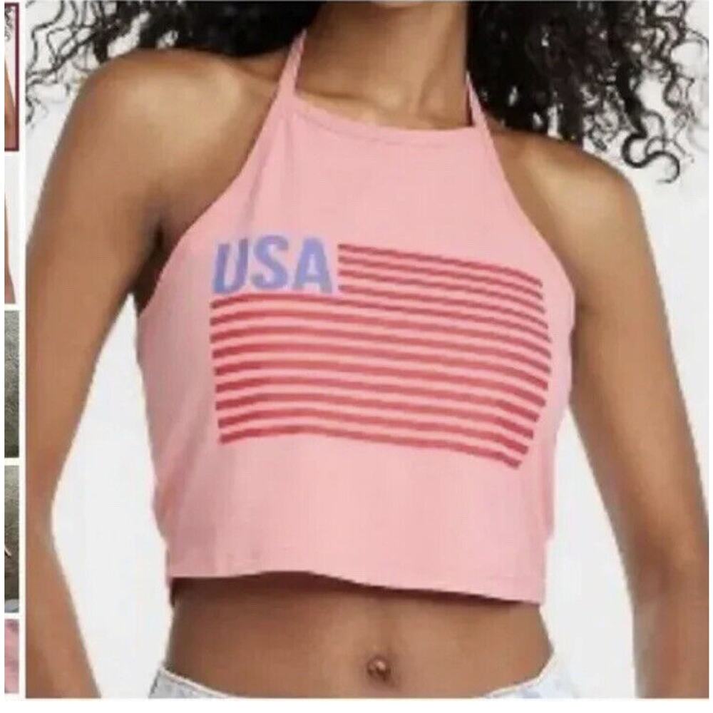 USA Graphic Halter Crop Tank Top - Pink